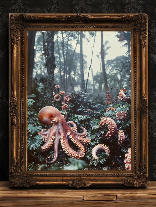 Octopus in the Forest Print, Surreal Nature Art, Botanical Fantasy Landscape, Creepy Cute Horror Home Art, Dark Academia, Goth Wall Decor