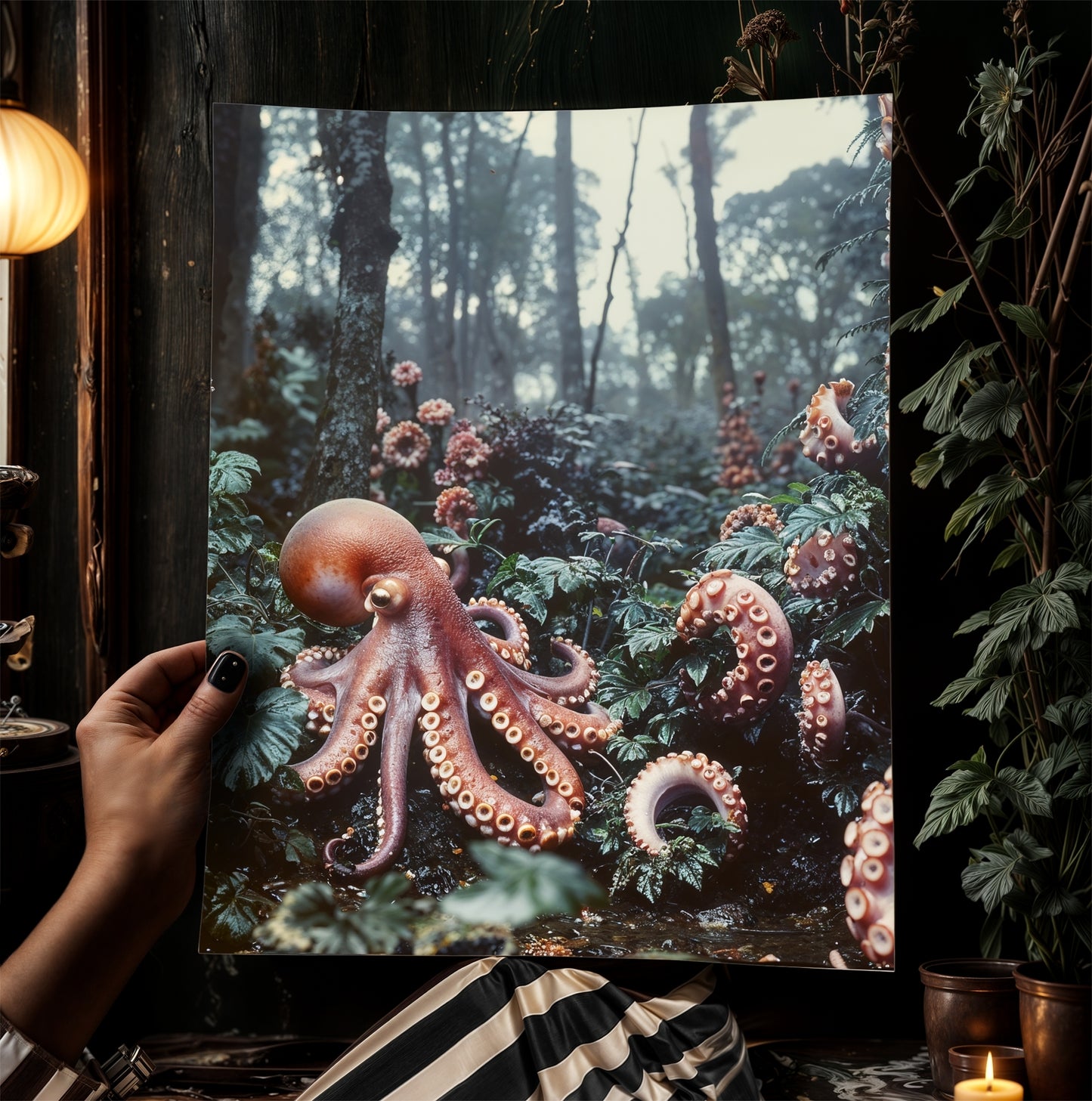 Octopus in the Forest Print, Surreal Nature Art, Botanical Fantasy Landscape, Creepy Cute Horror Home Art, Dark Academia, Goth Wall Decor