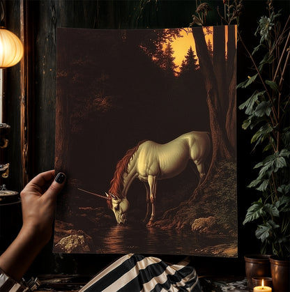 Mystical Unicorn Forest Poster, Dark Fantasy Creature, Whimsigoth Decor, Bookish Wall Art, Dark Cottagecore Medieval Aesthetic Wall Art