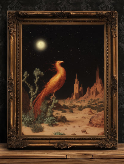Phoenix Desert Fantasy Poster, Mythical Creature Firebird Night Sky Art, Cottagecore Mythology Whimsigoth Decor, Medieval Wall Art