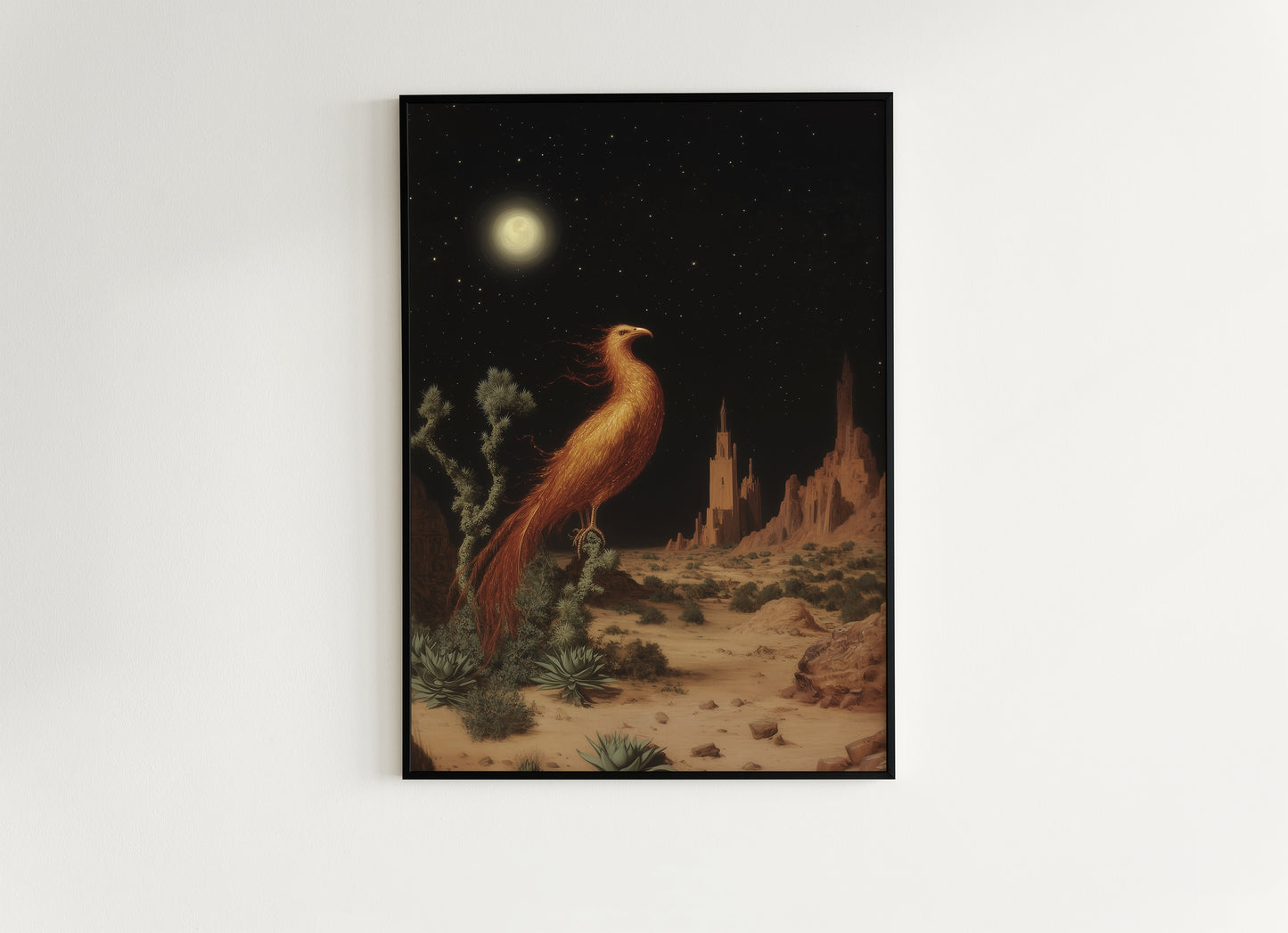 Phoenix Desert Fantasy Poster, Mythical Creature Firebird Night Sky Art, Cottagecore Mythology Whimsigoth Decor, Medieval Wall Art