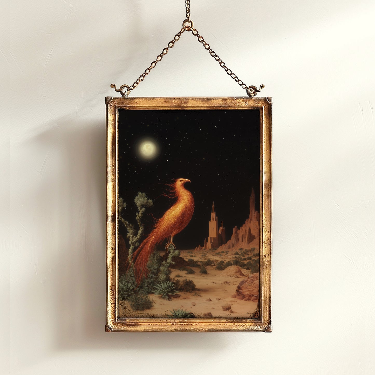 Phoenix Desert Fantasy Poster, Mythical Creature Firebird Night Sky Art, Cottagecore Mythology Whimsigoth Decor, Medieval Wall Art