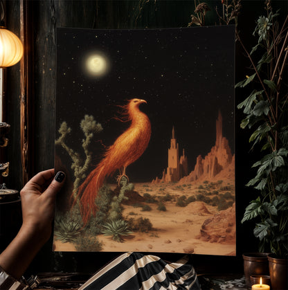 Phoenix Desert Fantasy Poster, Mythical Creature Firebird Night Sky Art, Cottagecore Mythology Whimsigoth Decor, Medieval Wall Art