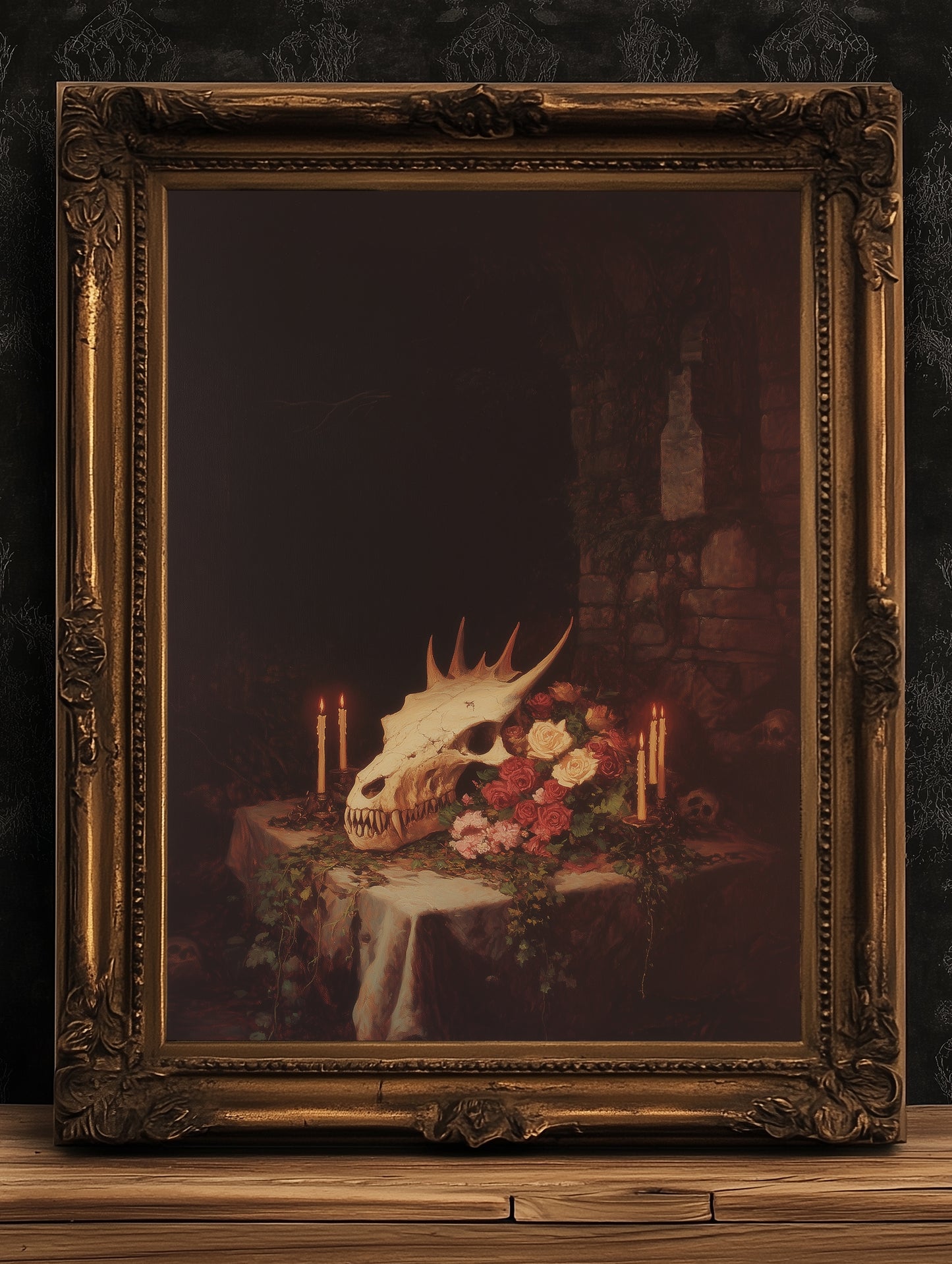 Gothic Dragon Skull Still Life Poster, Whimsigoth Decor, Dark Academia Mythical Creature Art Witchcore Vintage Painting Wall Art