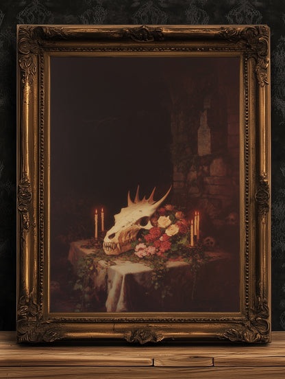 Gothic Dragon Skull Still Life Poster, Whimsigoth Decor, Dark Academia Mythical Creature Art Witchcore Vintage Painting Wall Art