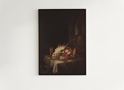 Gothic Dragon Skull Still Life Poster, Whimsigoth Decor, Dark Academia Mythical Creature Art Witchcore Vintage Painting Wall Art