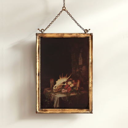 Gothic Dragon Skull Still Life Poster, Whimsigoth Decor, Dark Academia Mythical Creature Art Witchcore Vintage Painting Wall Art