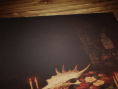 Gothic Dragon Skull Still Life Poster, Whimsigoth Decor, Dark Academia Mythical Creature Art Witchcore Vintage Painting Wall Art