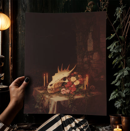 Gothic Dragon Skull Still Life Poster, Whimsigoth Decor, Dark Academia Mythical Creature Art Witchcore Vintage Painting Wall Art