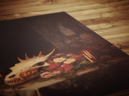 Gothic Dragon Skull Still Life Poster, Whimsigoth Decor, Dark Academia Mythical Creature Art Witchcore Vintage Painting Wall Art