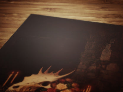 Gothic Dragon Skull Still Life Poster, Whimsigoth Decor, Dark Academia Mythical Creature Art Witchcore Vintage Painting Wall Art