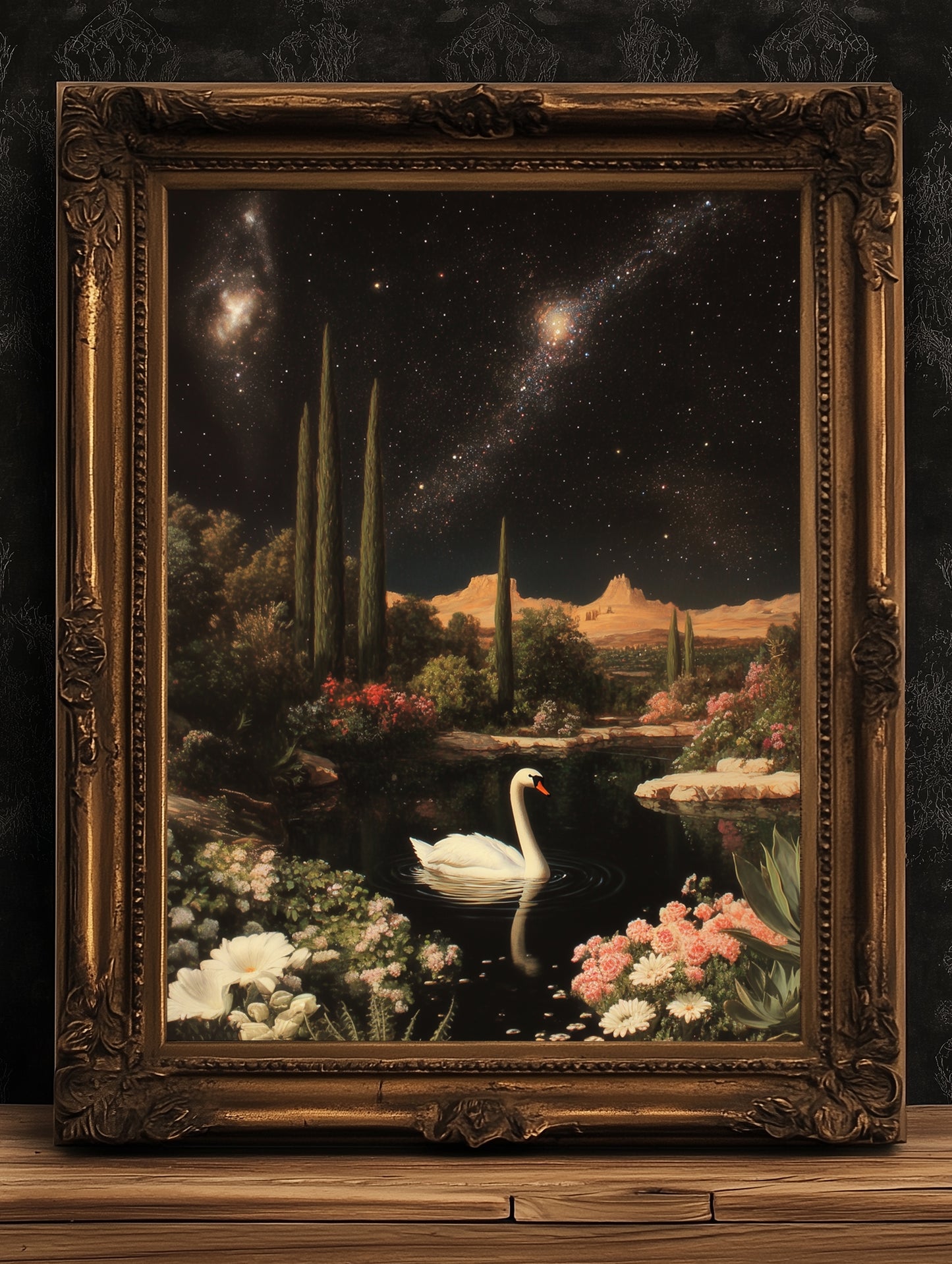 Moody Moonlit Swan In Desert Art Print, Romantic Wall Art, Victorian Bird, Whimsigoth Nature Wall Decor, Vintage Gloomy Gothic Poster