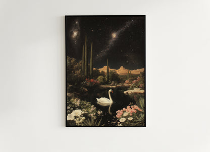 Moody Moonlit Swan In Desert Art Print, Romantic Wall Art, Victorian Bird, Whimsigoth Nature Wall Decor, Vintage Gloomy Gothic Poster