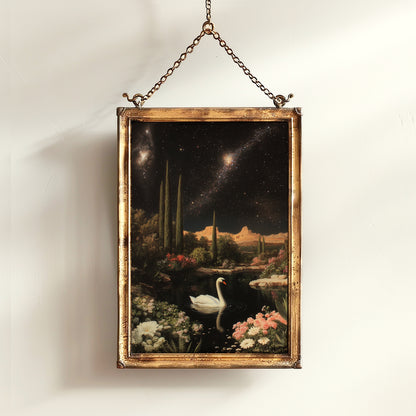 Moody Moonlit Swan In Desert Art Print, Romantic Wall Art, Victorian Bird, Whimsigoth Nature Wall Decor, Vintage Gloomy Gothic Poster