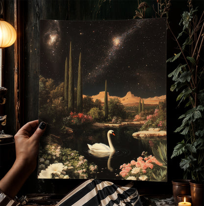 Moody Moonlit Swan In Desert Art Print, Romantic Wall Art, Victorian Bird, Whimsigoth Nature Wall Decor, Vintage Gloomy Gothic Poster
