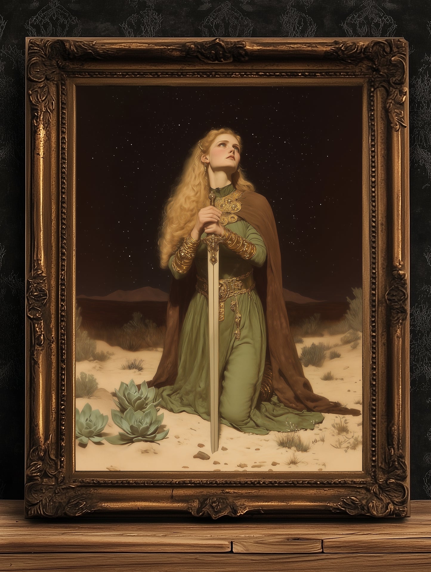 Desert Vow Poster, Knight Oath Wall Art, Whimsigoth Decor, Dark Fantasy Warrior Woman Print, Gothic Medieval Decor, Dark Academia Artwork