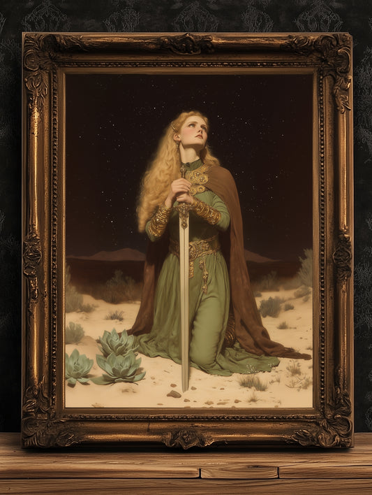 Desert Vow Poster, Knight Oath Wall Art, Whimsigoth Decor, Dark Fantasy Warrior Woman Print, Gothic Medieval Decor, Dark Academia Artwork