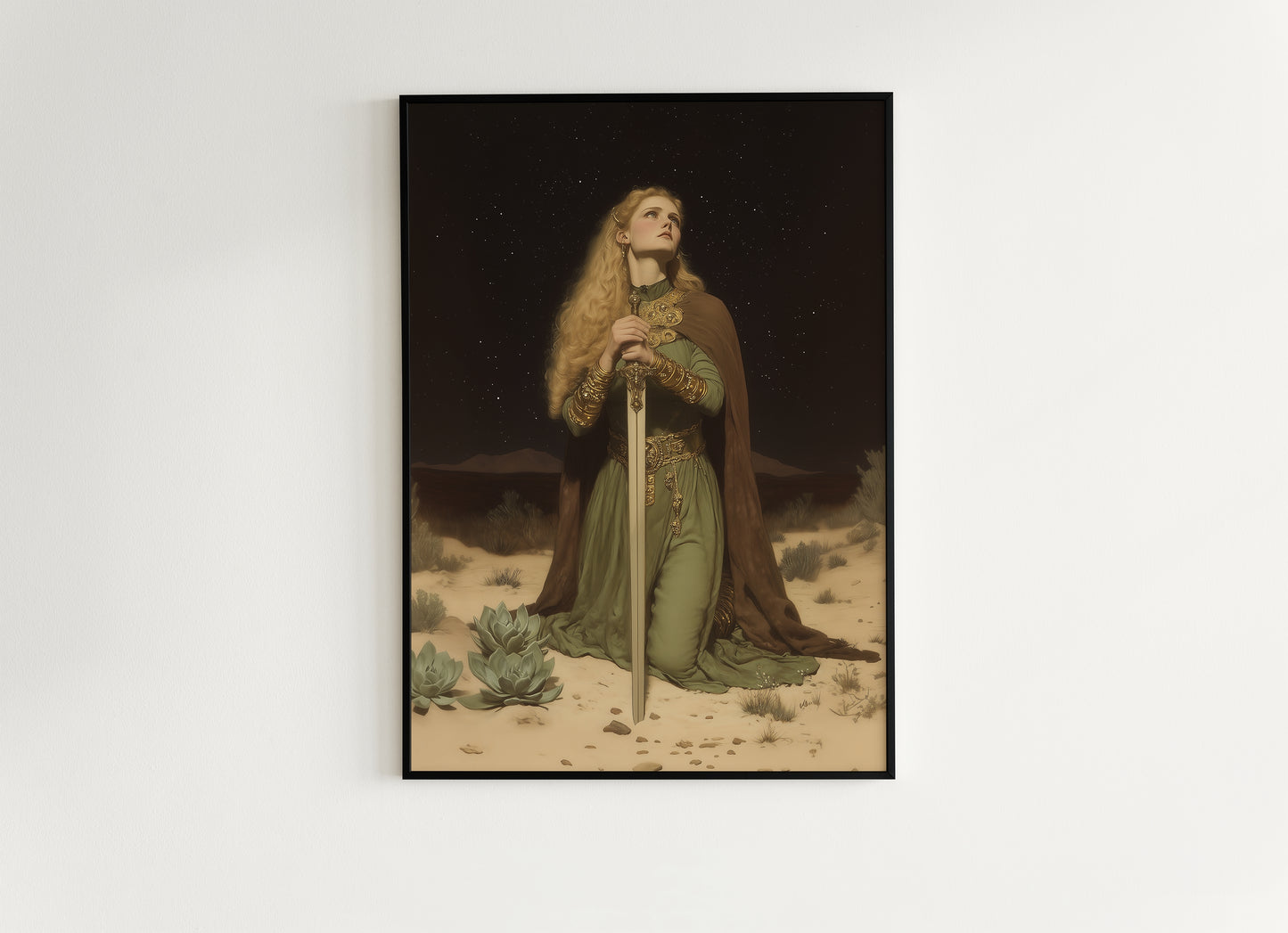 Desert Vow Poster, Knight Oath Wall Art, Whimsigoth Decor, Dark Fantasy Warrior Woman Print, Gothic Medieval Decor, Dark Academia Artwork