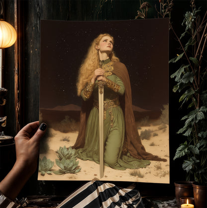 Desert Vow Poster, Knight Oath Wall Art, Whimsigoth Decor, Dark Fantasy Warrior Woman Print, Gothic Medieval Decor, Dark Academia Artwork