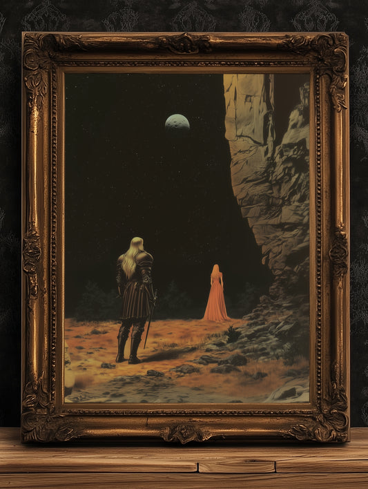 Dark Fantasy Knight and Lady Poster, Desert Moon Gothic Art Print, Medieval Romance Wall Decor, Whimsigoth Decor, Dark Academia Aesthetic