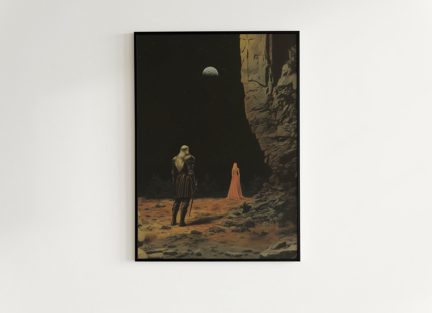 Dark Fantasy Knight and Lady Poster, Desert Moon Gothic Art Print, Medieval Romance Wall Decor, Whimsigoth Decor, Dark Academia Aesthetic