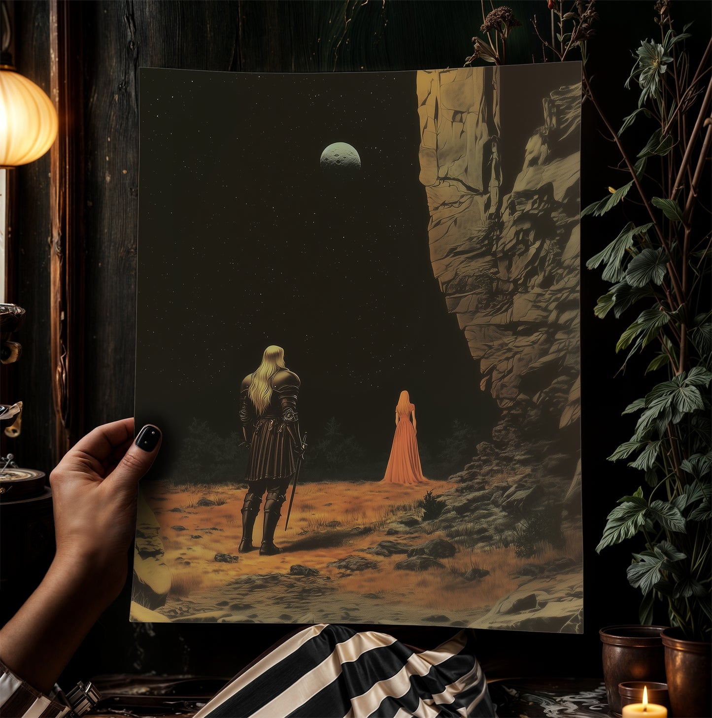 Dark Fantasy Knight and Lady Poster, Desert Moon Gothic Art Print, Medieval Romance Wall Decor, Whimsigoth Decor, Dark Academia Aesthetic