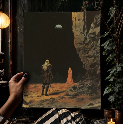 Dark Fantasy Knight and Lady Poster, Desert Moon Gothic Art Print, Medieval Romance Wall Decor, Whimsigoth Decor, Dark Academia Aesthetic