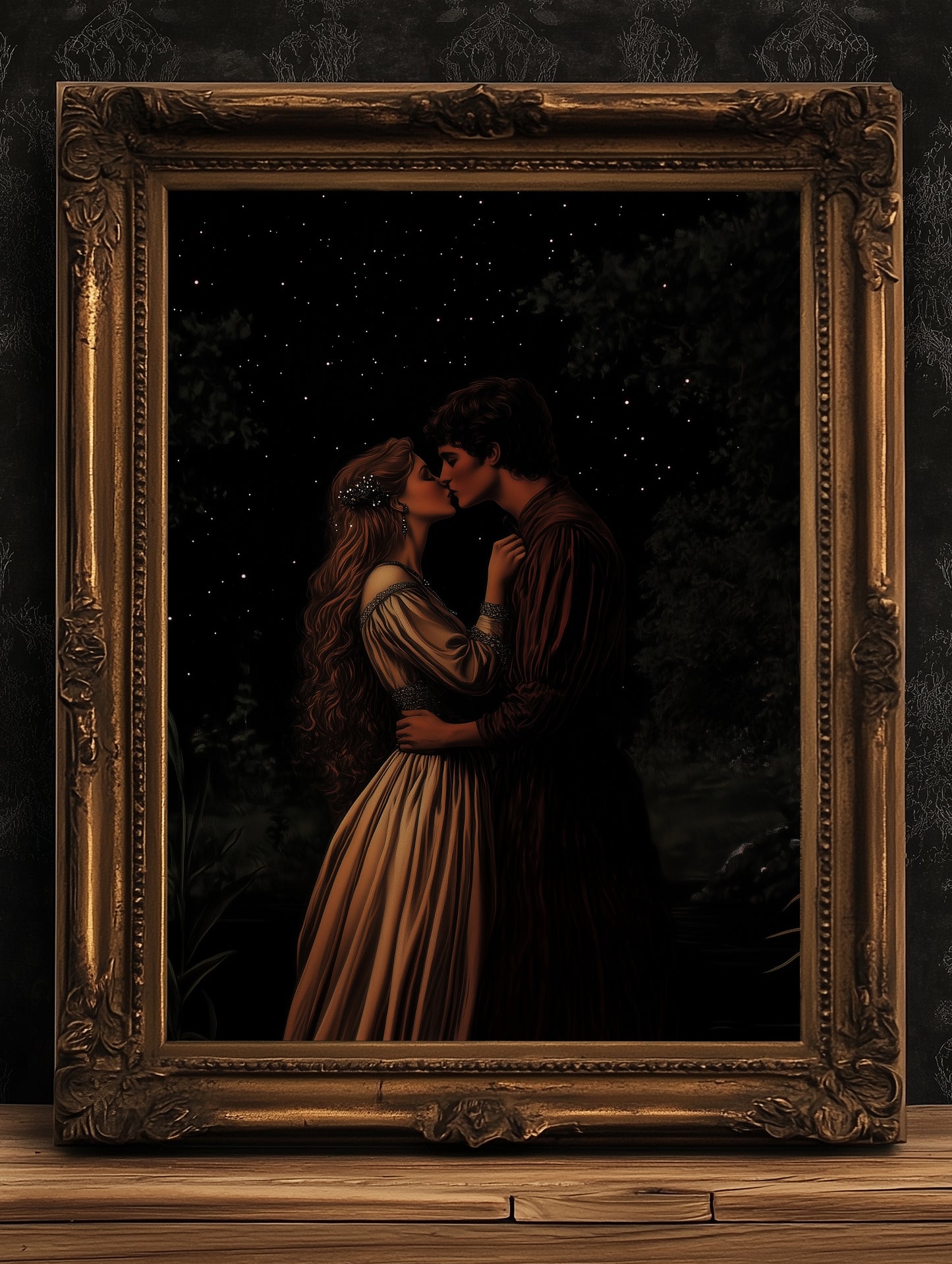 Medieval Lovers Kiss Poster, Whimsigoth Decor, Romantic Dark Fantasy Wall Art, Castlecore Starry Night Couple Print, Bookish Gift