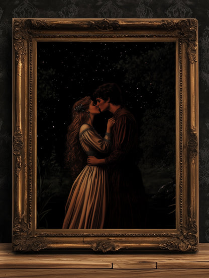 Medieval Lovers Kiss Poster, Whimsigoth Decor, Romantic Dark Fantasy Wall Art, Castlecore Starry Night Couple Print, Bookish Gift