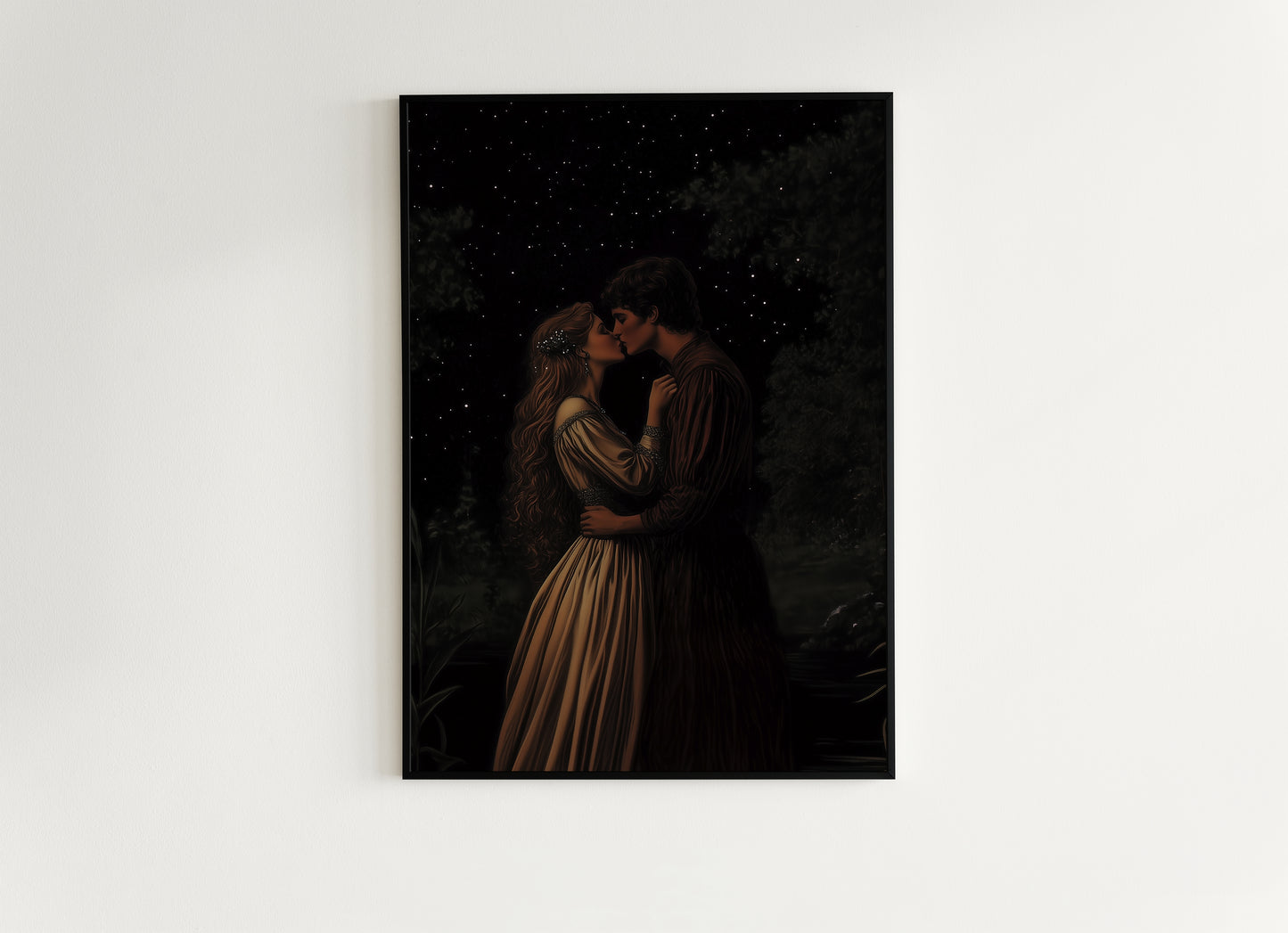 Medieval Lovers Kiss Poster, Whimsigoth Decor, Romantic Dark Fantasy Wall Art, Castlecore Starry Night Couple Print, Bookish Gift