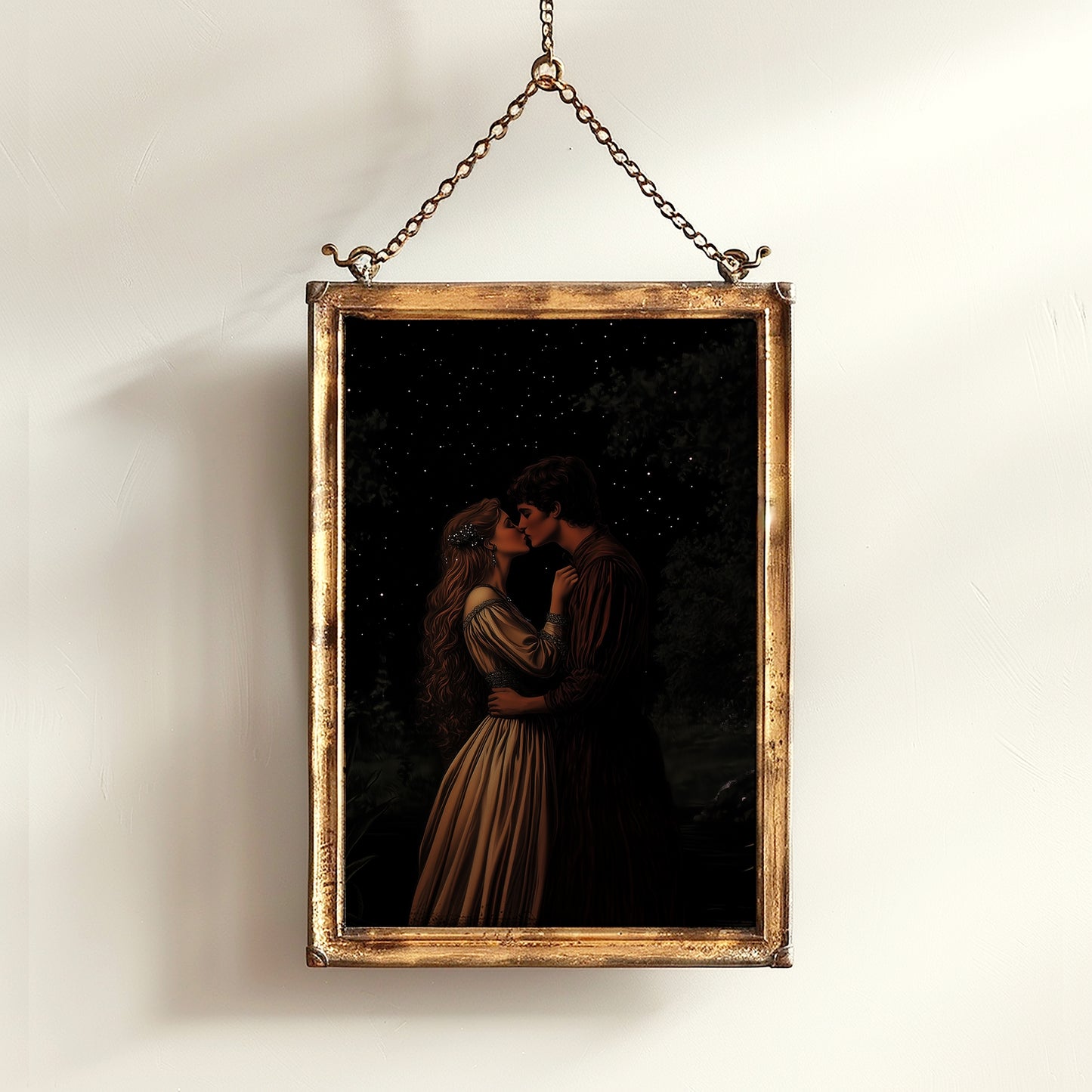 Medieval Lovers Kiss Poster, Whimsigoth Decor, Romantic Dark Fantasy Wall Art, Castlecore Starry Night Couple Print, Bookish Gift