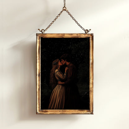 Medieval Lovers Kiss Poster, Whimsigoth Decor, Romantic Dark Fantasy Wall Art, Castlecore Starry Night Couple Print, Bookish Gift