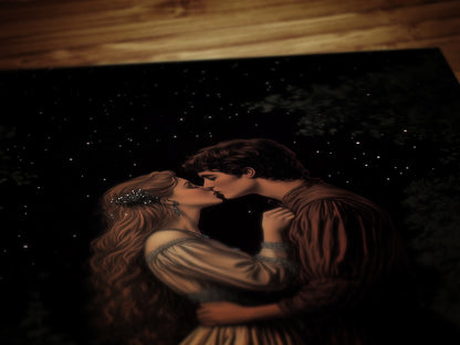Medieval Lovers Kiss Poster, Whimsigoth Decor, Romantic Dark Fantasy Wall Art, Castlecore Starry Night Couple Print, Bookish Gift