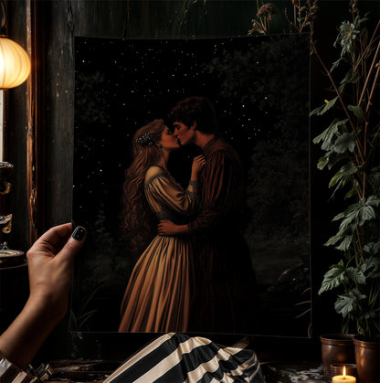 Medieval Lovers Kiss Poster, Whimsigoth Decor, Romantic Dark Fantasy Wall Art, Castlecore Starry Night Couple Print, Bookish Gift