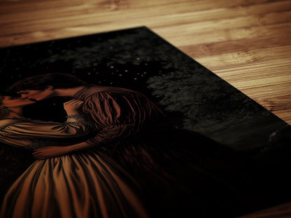 Medieval Lovers Kiss Poster, Whimsigoth Decor, Romantic Dark Fantasy Wall Art, Castlecore Starry Night Couple Print, Bookish Gift