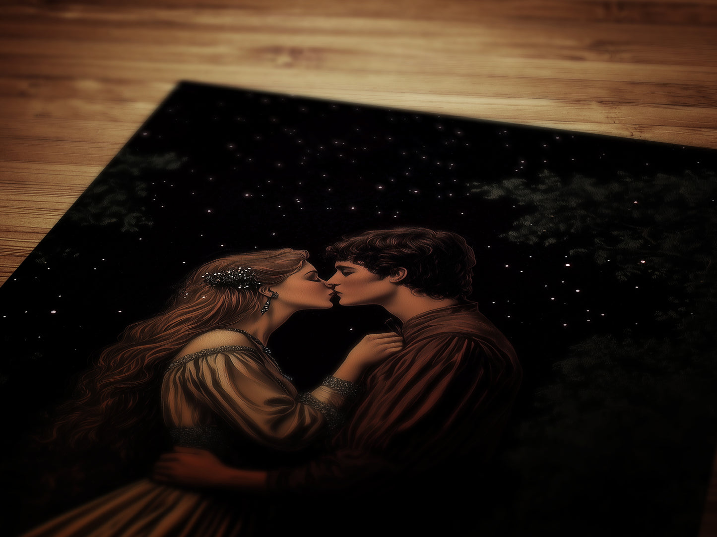 Medieval Lovers Kiss Poster, Whimsigoth Decor, Romantic Dark Fantasy Wall Art, Castlecore Starry Night Couple Print, Bookish Gift