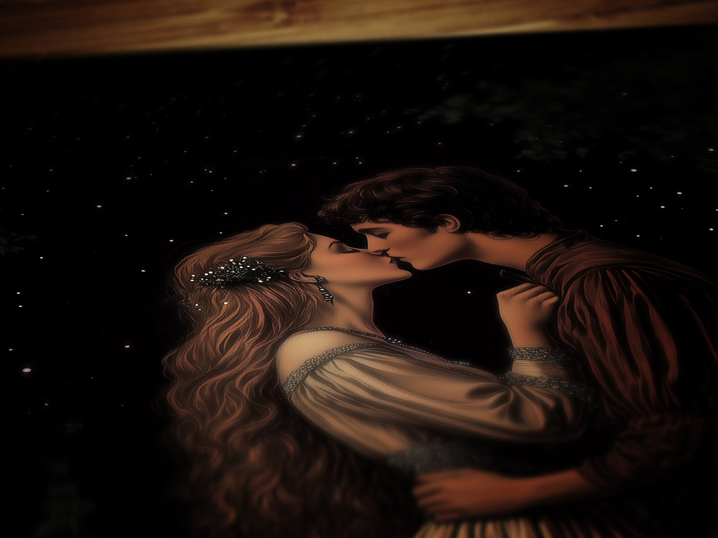 Medieval Lovers Kiss Poster, Whimsigoth Decor, Romantic Dark Fantasy Wall Art, Castlecore Starry Night Couple Print, Bookish Gift
