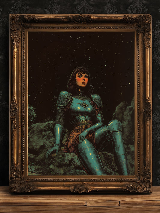 Medieval Lady Knight Poster, Whimsigoth Decor, Armored Core Fantasy Wall Art, Castlecore Dark Academia Decor, Bookish And Book Nook Print