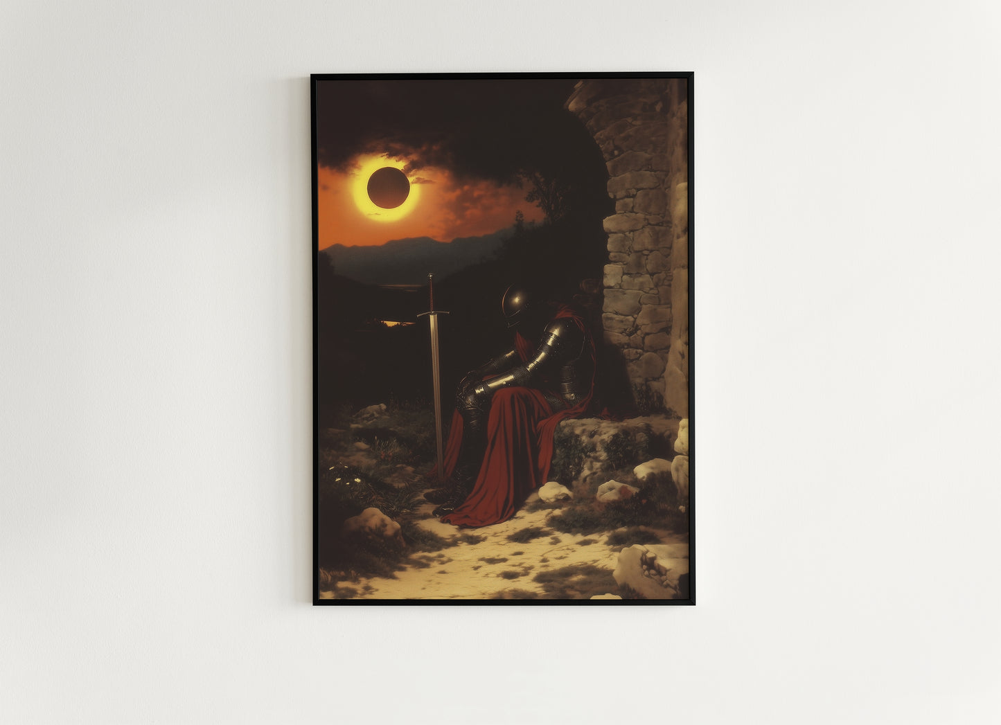 Solar Eclipse Armored Knight Poster, Castlecore Fantasy Wall Art, Dark Academia Medieval Whimsigoth Decor, Bookish Print Gift for Readers