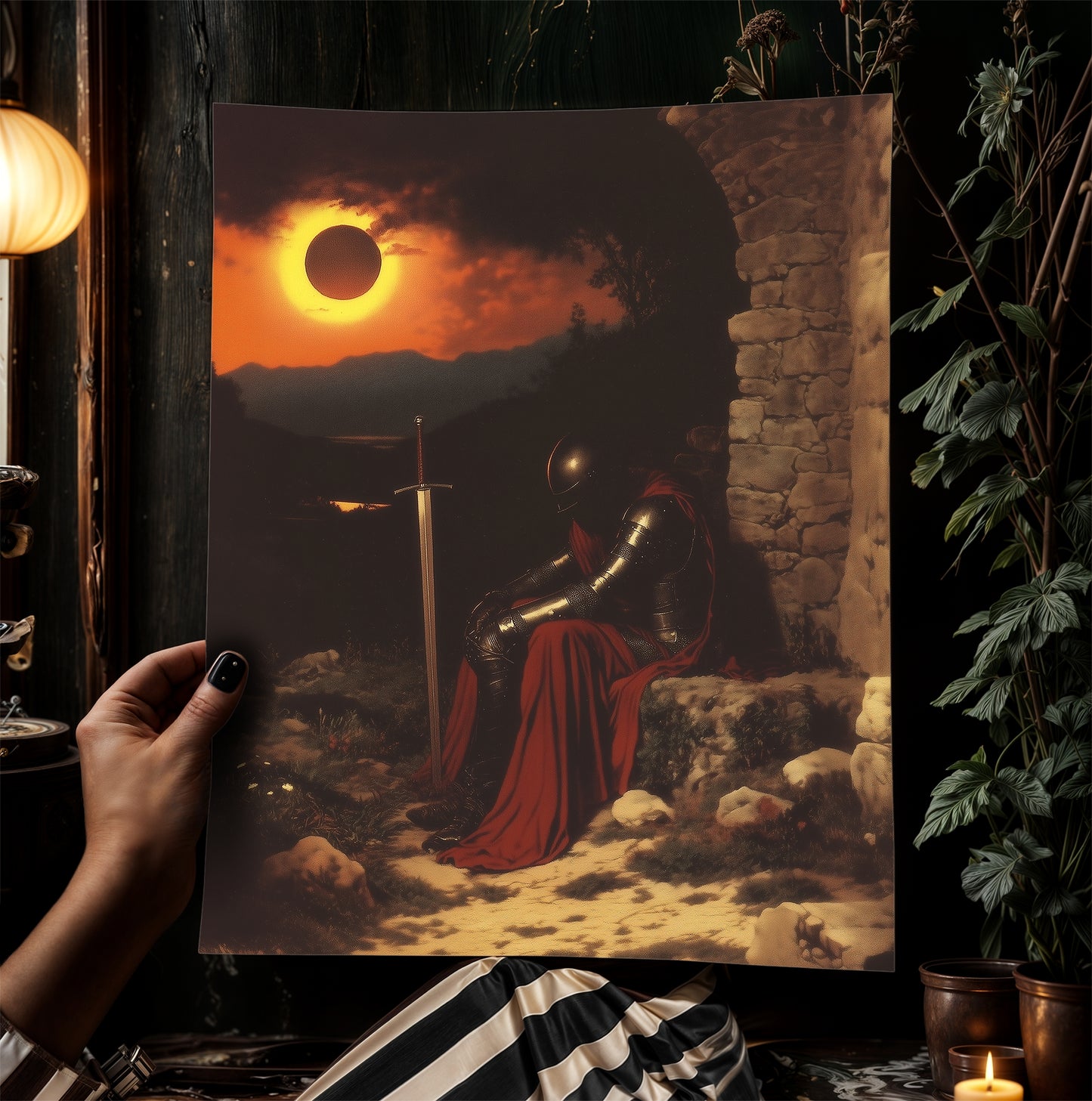 Solar Eclipse Armored Knight Poster, Castlecore Fantasy Wall Art, Dark Academia Medieval Whimsigoth Decor, Bookish Print Gift for Readers