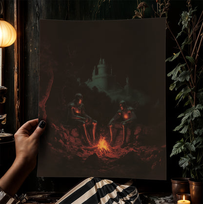 By The Campfire, Castlecore Fantasy Poster, Medieval Wall Art, Dark Fantasy Romance Whimsigoth Decor, Bookish Art Print Gift for Reader
