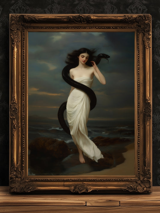 Serpent Muse, Ocean Goddess Art Print, Whimisigoth Witchy Mythical Woman Wrapped in Black Snake, Dark Romance Gothic Fantasy Wall Decor