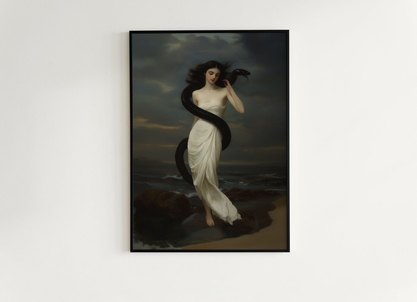 Serpent Muse, Ocean Goddess Art Print, Whimisigoth Witchy Mythical Woman Wrapped in Black Snake, Dark Romance Gothic Fantasy Wall Decor