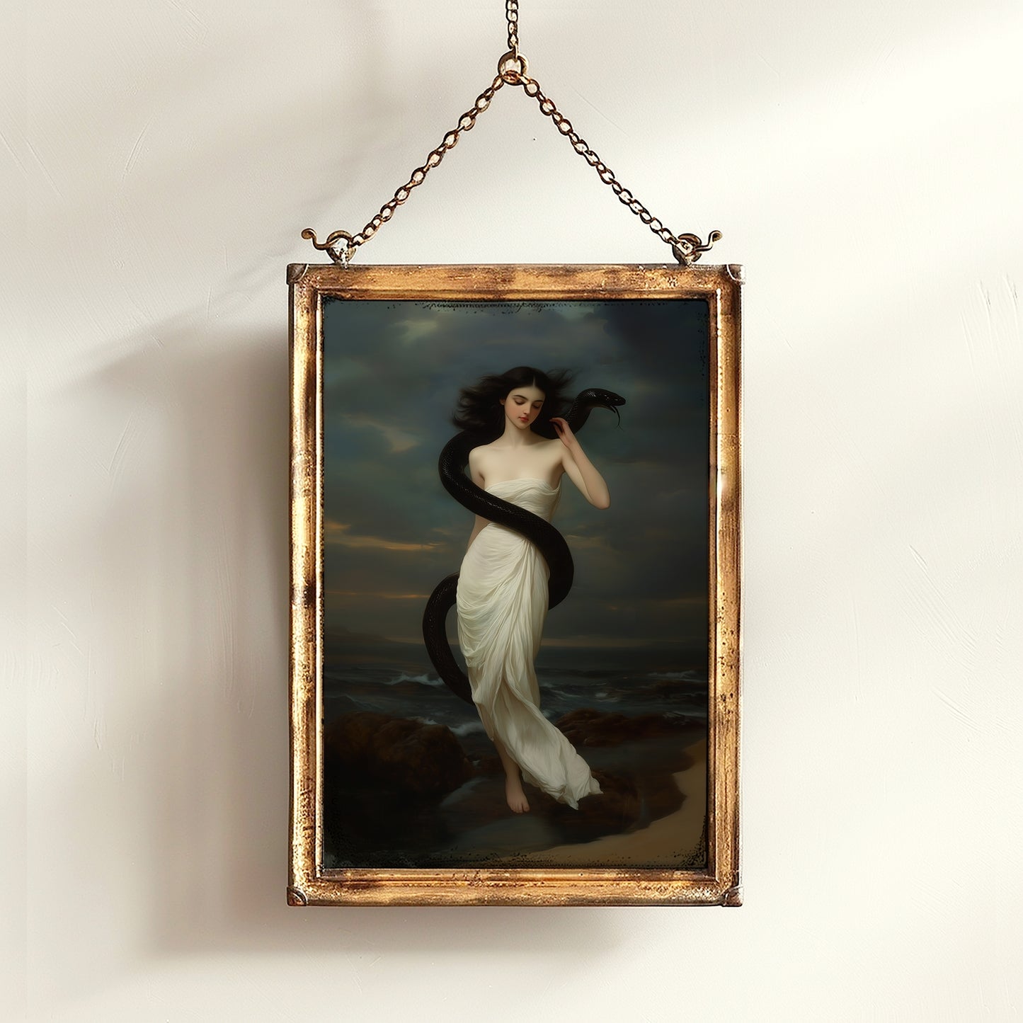 Serpent Muse, Ocean Goddess Art Print, Whimisigoth Witchy Mythical Woman Wrapped in Black Snake, Dark Romance Gothic Fantasy Wall Decor