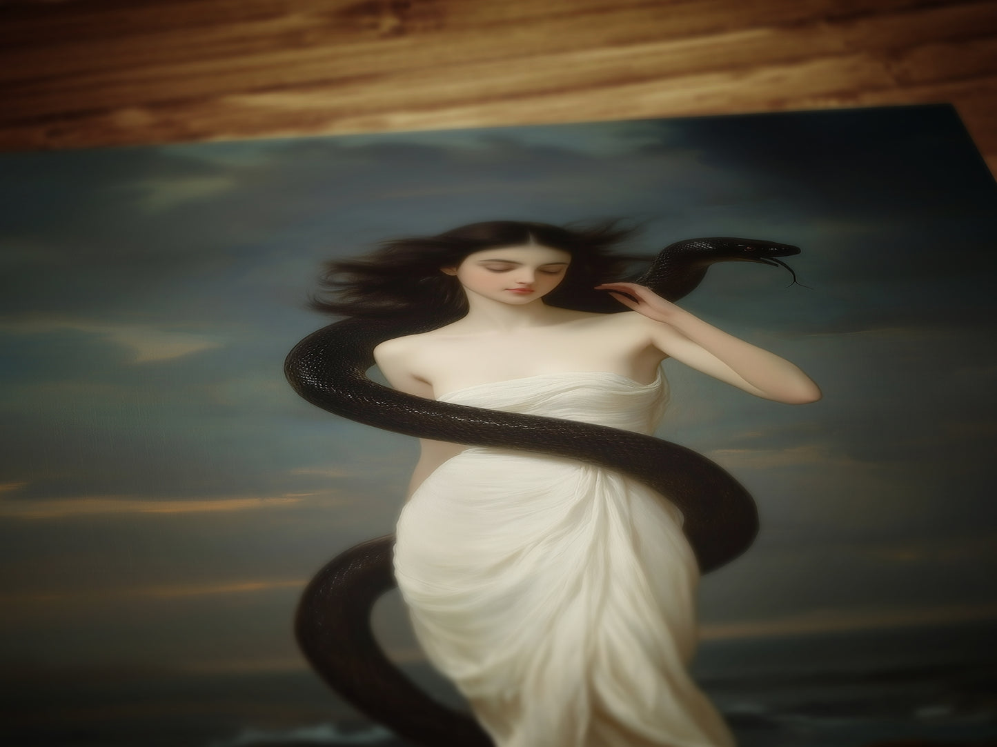 Serpent Muse, Ocean Goddess Art Print, Whimisigoth Witchy Mythical Woman Wrapped in Black Snake, Dark Romance Gothic Fantasy Wall Decor
