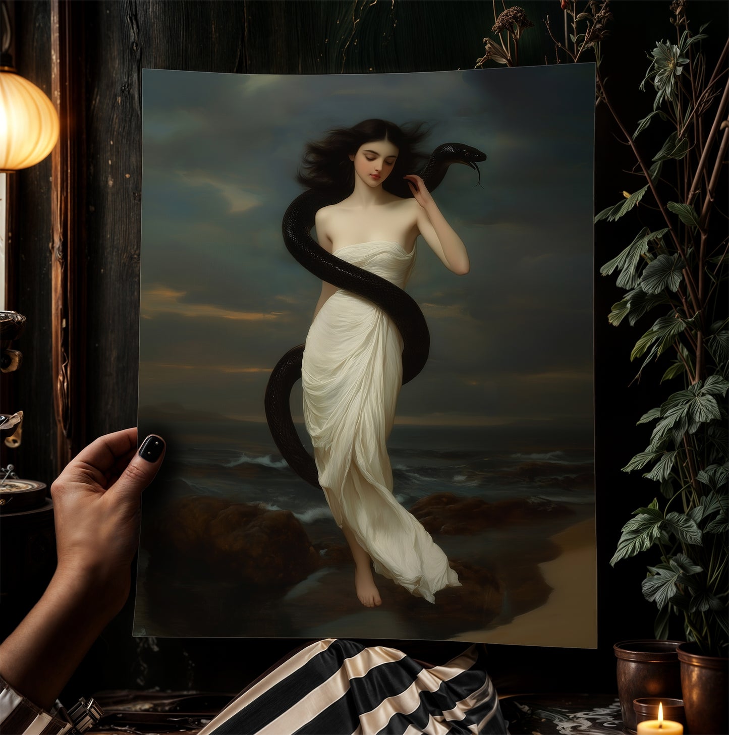 Serpent Muse, Ocean Goddess Art Print, Whimisigoth Witchy Mythical Woman Wrapped in Black Snake, Dark Romance Gothic Fantasy Wall Decor