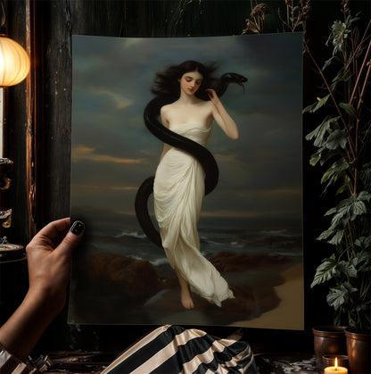 Serpent Muse, Ocean Goddess Art Print, Whimisigoth Witchy Mythical Woman Wrapped in Black Snake, Dark Romance Gothic Fantasy Wall Decor