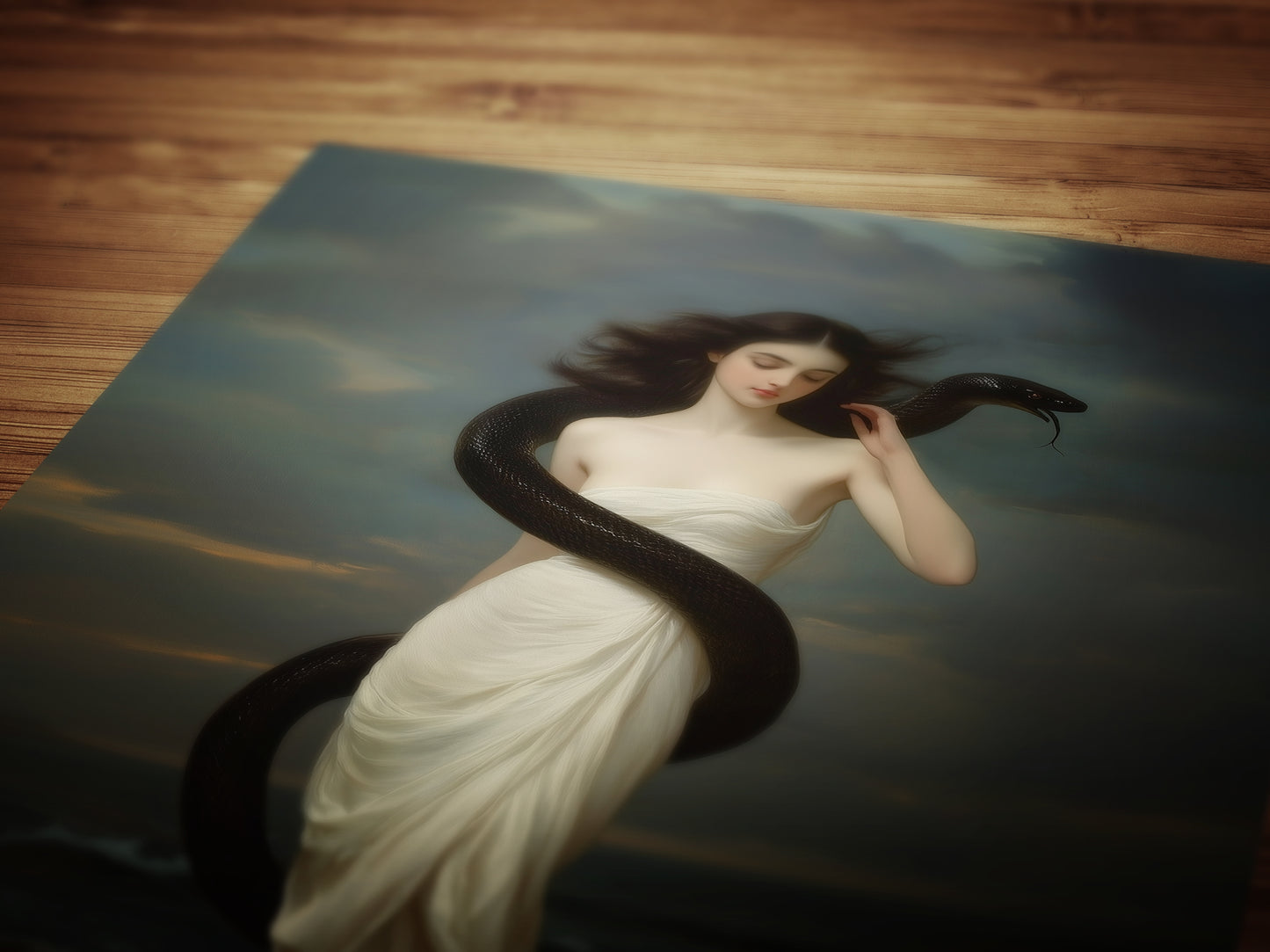 Serpent Muse, Ocean Goddess Art Print, Whimisigoth Witchy Mythical Woman Wrapped in Black Snake, Dark Romance Gothic Fantasy Wall Decor