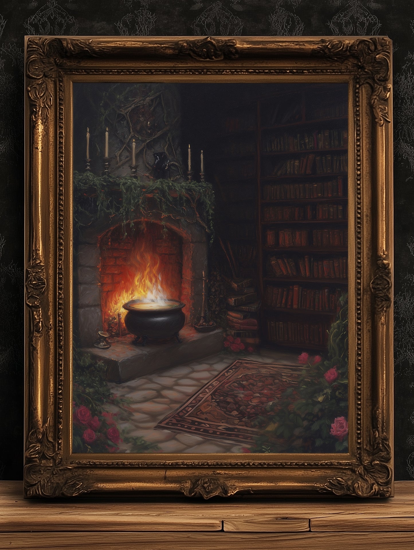 Halloween Cauldron Art Print, Dark Academia, Medieval Castlecore Witchy Fireplace Poster, Whimsigoth Decor, Hocus Pocus Room Decor