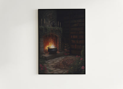 Halloween Cauldron Art Print, Dark Academia, Medieval Castlecore Witchy Fireplace Poster, Whimsigoth Decor, Hocus Pocus Room Decor